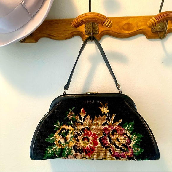 Vintage Handbags - Vintage Petit Point Handbag Black Floral Leather Trimmed Wool Handstitched